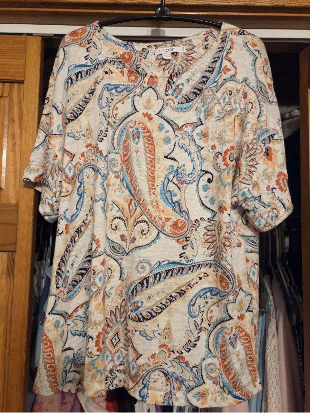 Chico's Ivory Paisley Short Sleeve Tunic with Blue and Rust Accents